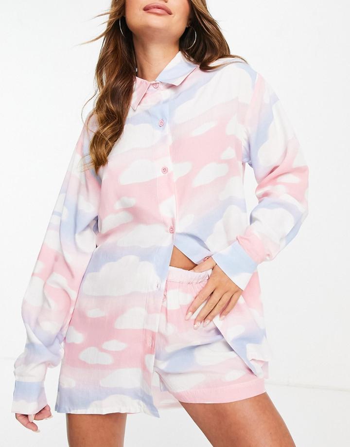 Asos Design Mix & Match Modal Cloud Sleep Shirt In Pink Blue & White-multi