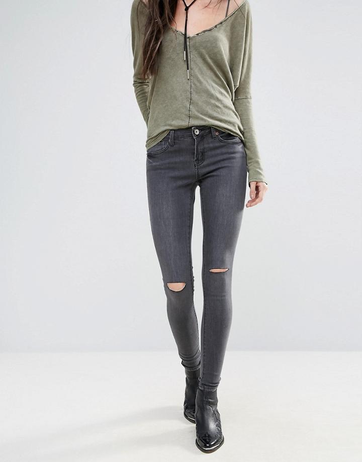 Brave Soul Vintage Wash Skinny Jeans With Knee Rips - Gray