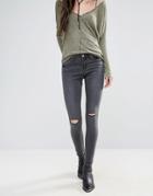 Brave Soul Vintage Wash Skinny Jeans With Knee Rips - Gray