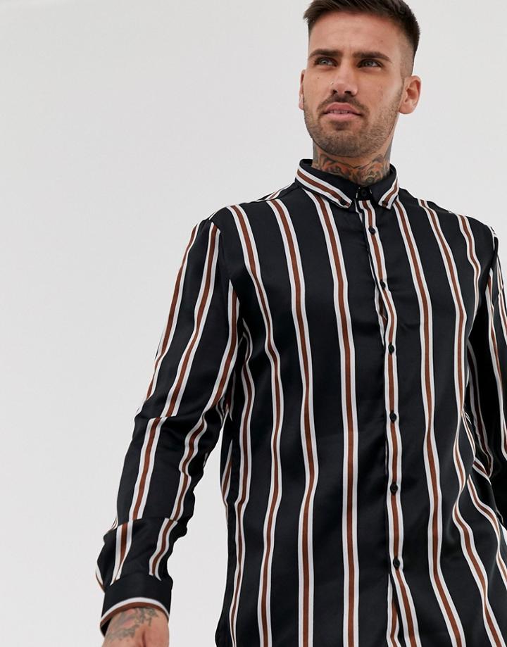 River Island Satin Shirt With Silver Stripes In Black - Black