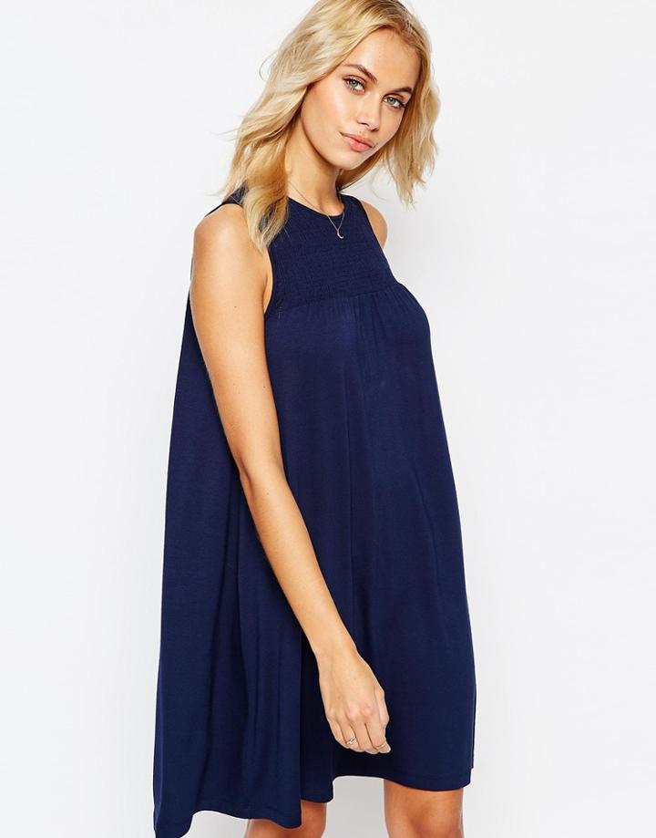 Asos Sleeveless Swing Dress With Ruching Detail - Navy