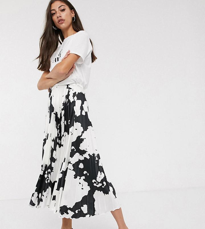 Asos Design Tall Cow Print Satin Pleat Midi Skirt-multi