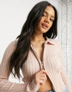 Parallel Lines Zip Up Knit Cardigan In Pink