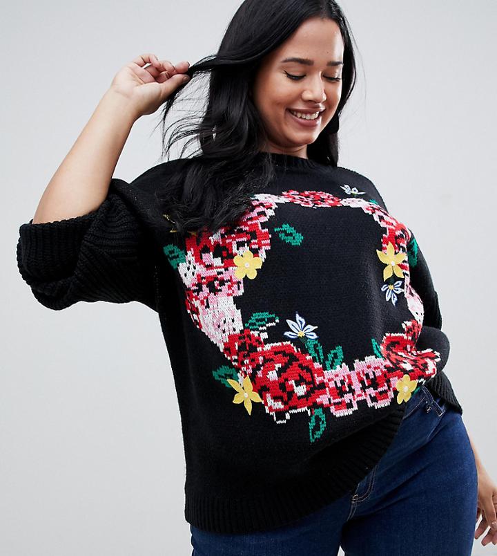 Asos Design Curve Embroidered Floral Wreath Sweater-black