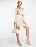 Femme Luxe Satin Tie Front Ruched Shirt Dress In Ecru-white