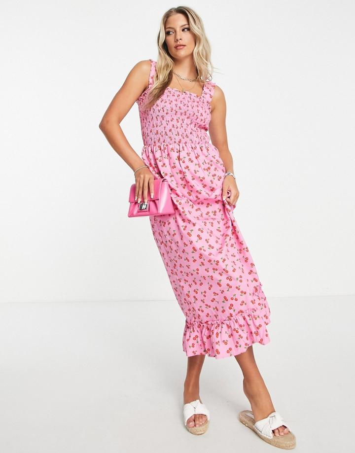 Pieces Shirred Midi Dress In Pink Cherry Print