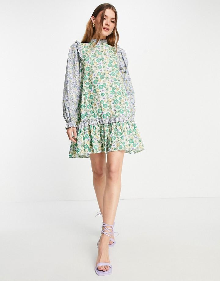 Envii Cotton High Neck Mini Dress With Ruffle Details In Patchwork Floral - Lgreen