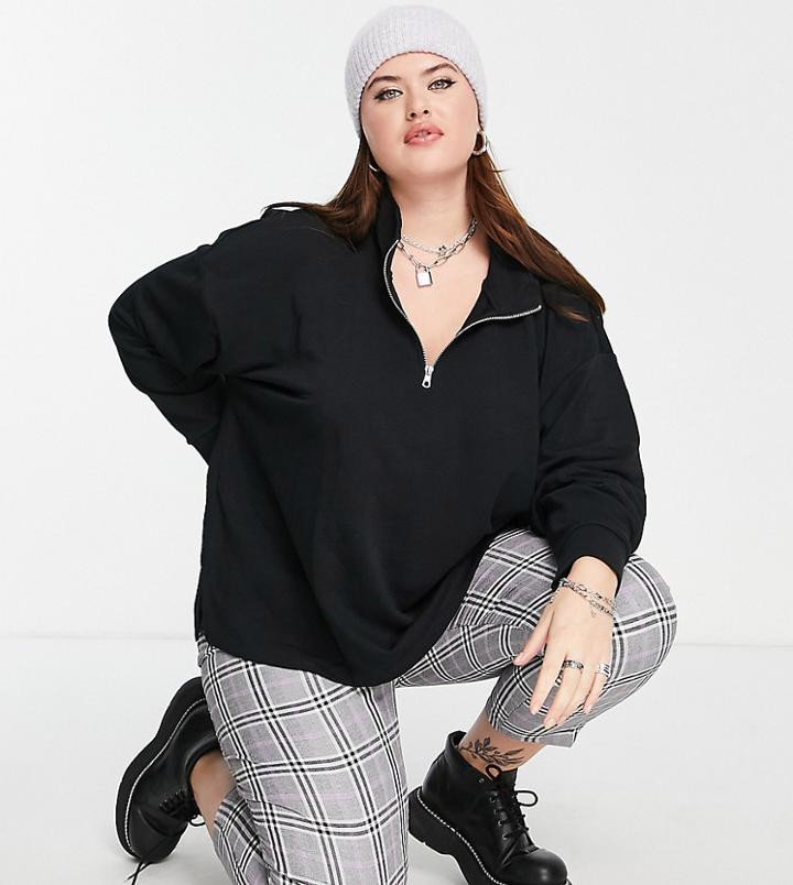 Only Plus Caressi Long Sleeve Highneck Half Zip Sweatshirt In Black