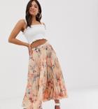 Asos Design Petite Satin Pleated Midi Skirt In Hawaiian Floral - Multi