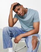 Asos Design T-shirt With Roll Sleeve In Washed Blue-blues