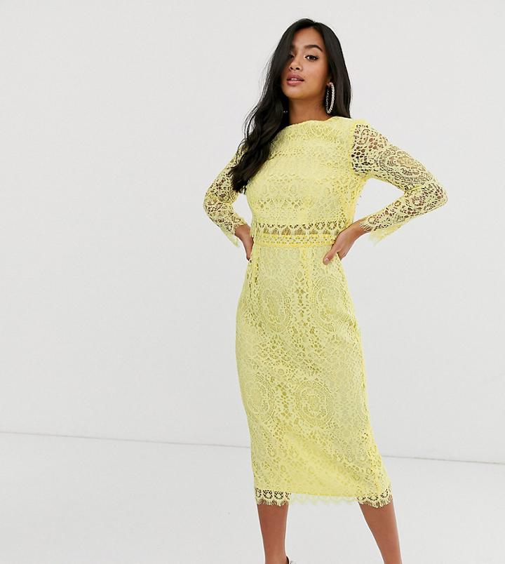 Asos Design Petite Lace Long Sleeve Midi Pencil Dress-blue