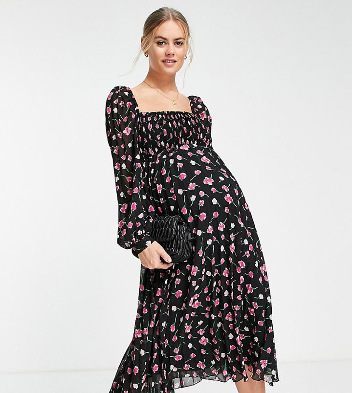 Asos Design Maternity Square Neck Pleated Midi Dress In Floral Print-multi