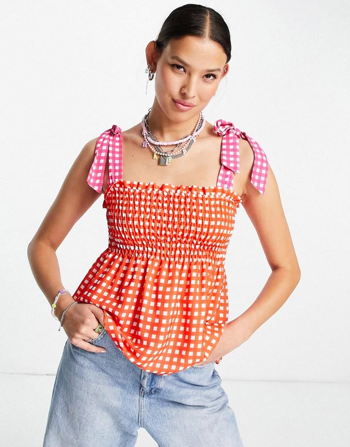 Twisted Wunder Smock Top With Tie Straps In Contrast Red Check-multi