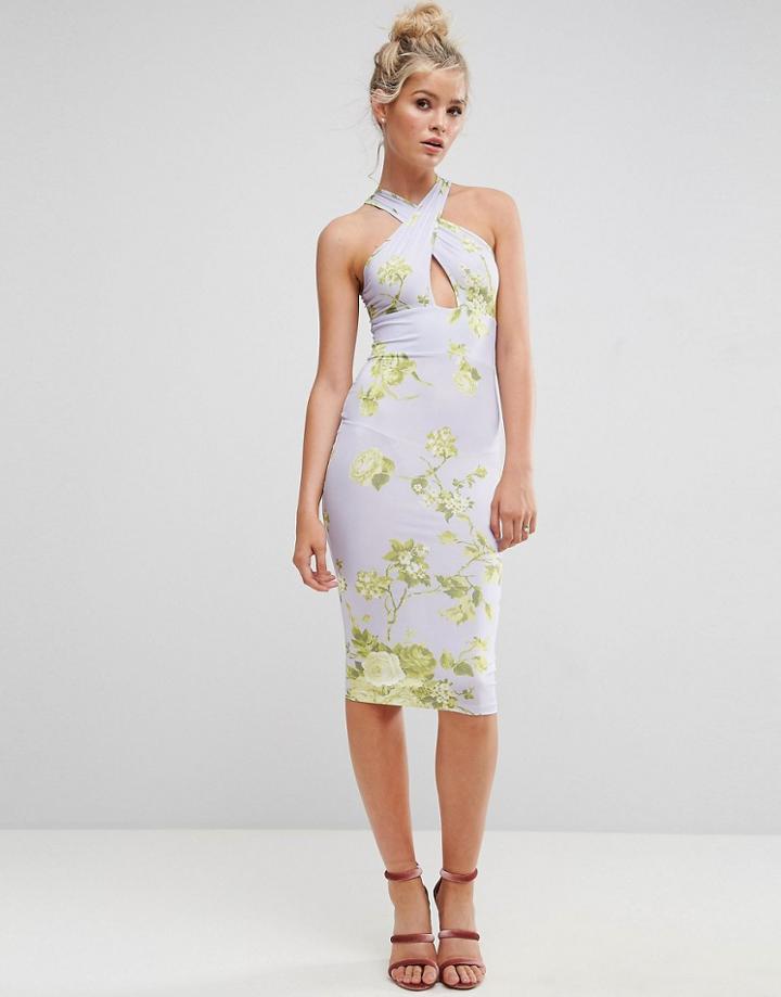 Asos Floral Cross Front Midi Bodycon Dress - Multi