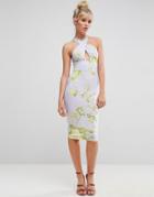 Asos Floral Cross Front Midi Bodycon Dress - Multi