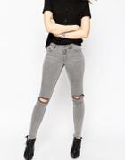 Asos Lisbon Skinny Mid Rise Jeans In Sant Gray Wash With Rip And Destroy Knees - Sant Gray