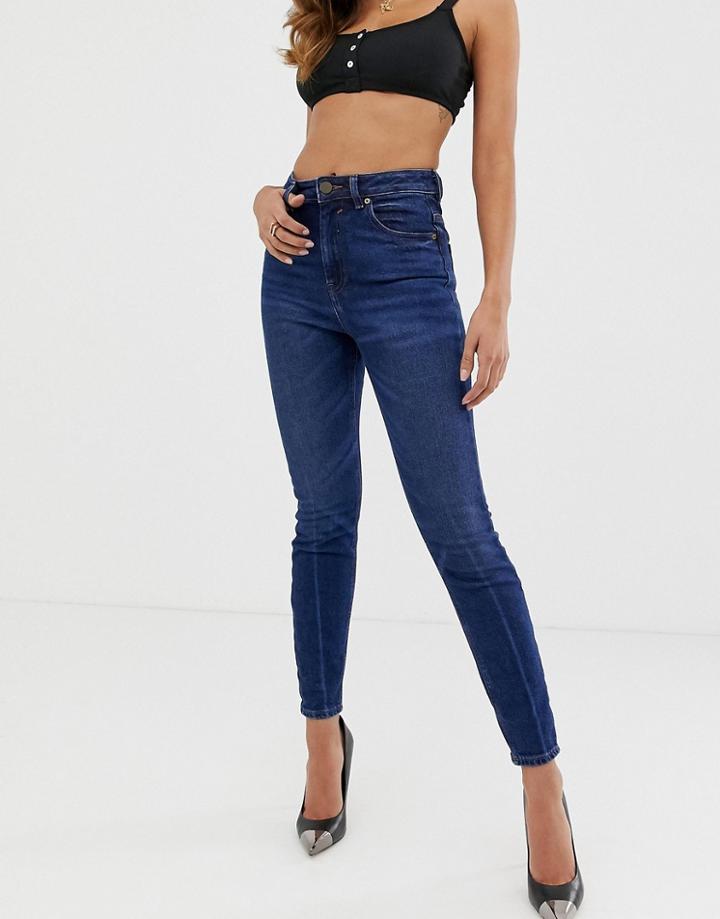 Asos Design Super High Rise Firm Skinny Jeans In Rich Dark Stone Wash-blue