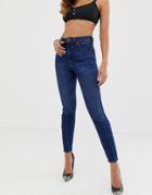 Asos Design Super High Rise Firm Skinny Jeans In Rich Dark Stone Wash-blue