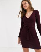 Lipsy Knitted Dress With Tie Waist In Burgundy-red