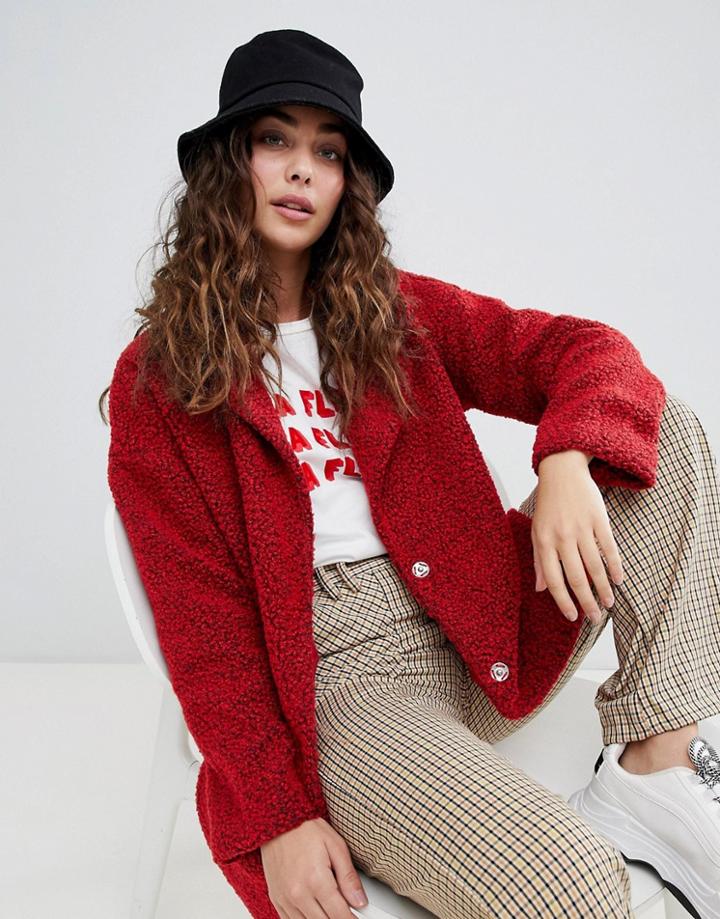 Daisy Street Oversized Coat In Teddy Fleece - Red