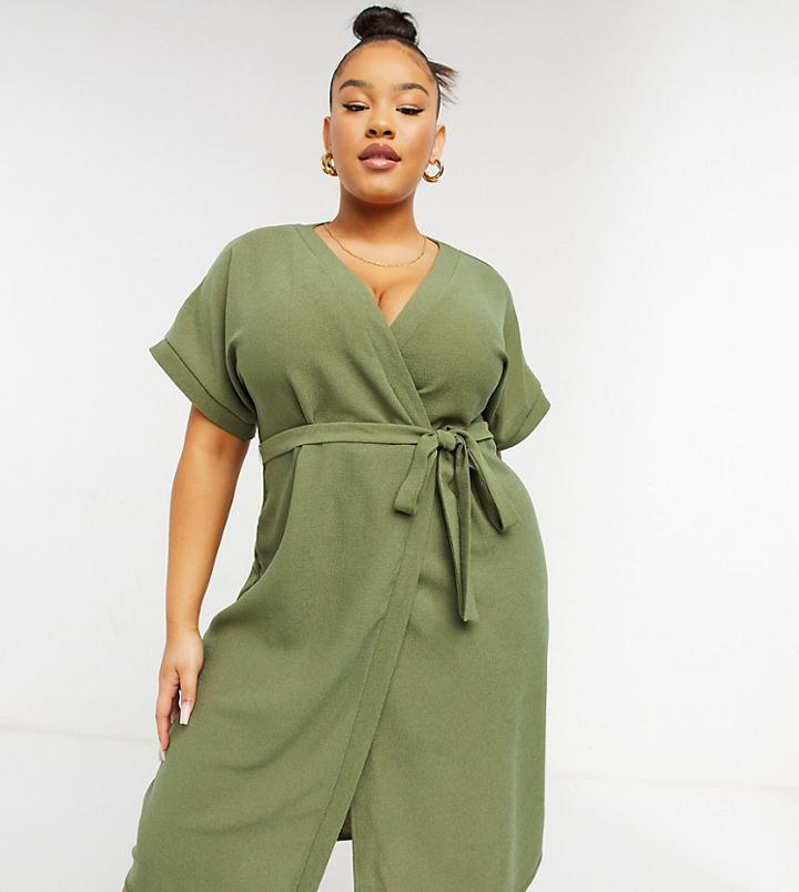Asos Design Curve Wrap Midi Dress In Khaki-green