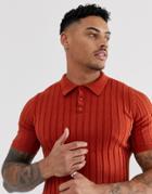 Asos Design Knitted Ribbed Polo T-shirt In Burnt Orange - Orange