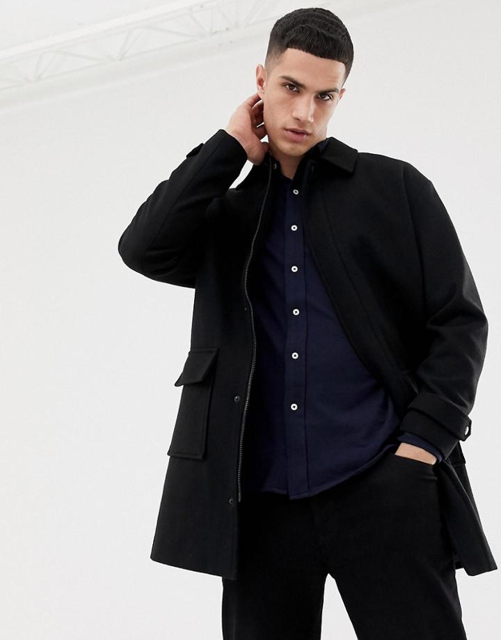 Only & Sons Oversized Wool Overcoat With Patch Pocket - Black