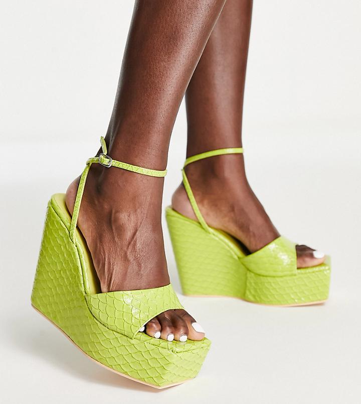 Public Desire Wide Fit Kempton Wedge Heeled Sandals In Lime Snake-green