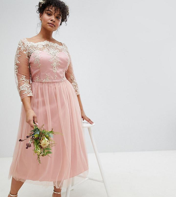 Chi Chi London Plus Premium Lace Midi Prom Dress With 3/4 Sleeve And Tulle Skirt - Pink