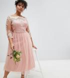 Chi Chi London Plus Premium Lace Midi Prom Dress With 3/4 Sleeve And Tulle Skirt - Pink