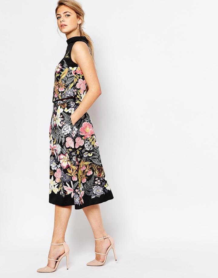Oasis Botanical Placement Midi Skirt - Multi Black