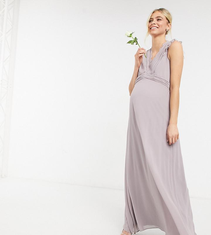 Tfnc Maternity Bridesmaid Lace Trim Plunge Front Maxi Dress In Gray-grey