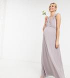 Tfnc Maternity Bridesmaid Lace Trim Plunge Front Maxi Dress In Gray-grey