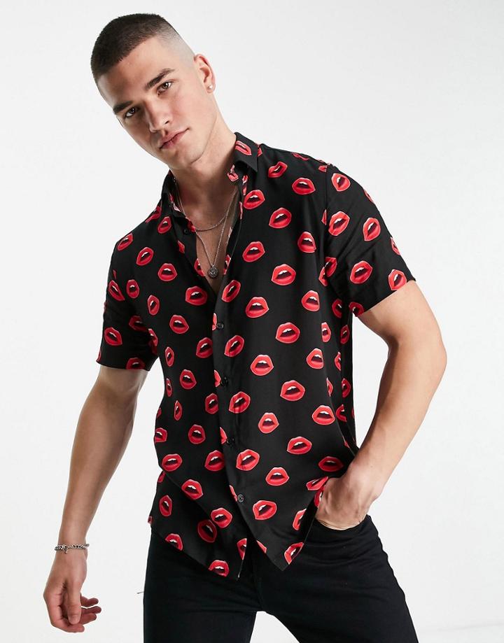 Topman Lips Print Viscose Shirt In Black