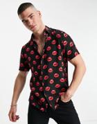 Topman Lips Print Viscose Shirt In Black