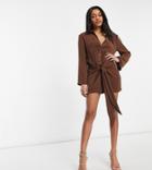 Asos Design Petite Plunge Mini Drape Tie Front Shirt Dress In Chocolate-brown
