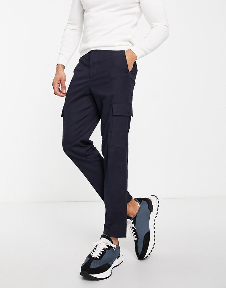 Selected Homme Slim Fit Tapered Pants With Cargo Pockets In Navy