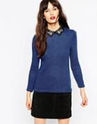Asos Sweater In Tweed Knit With Embellished Collar - Blue