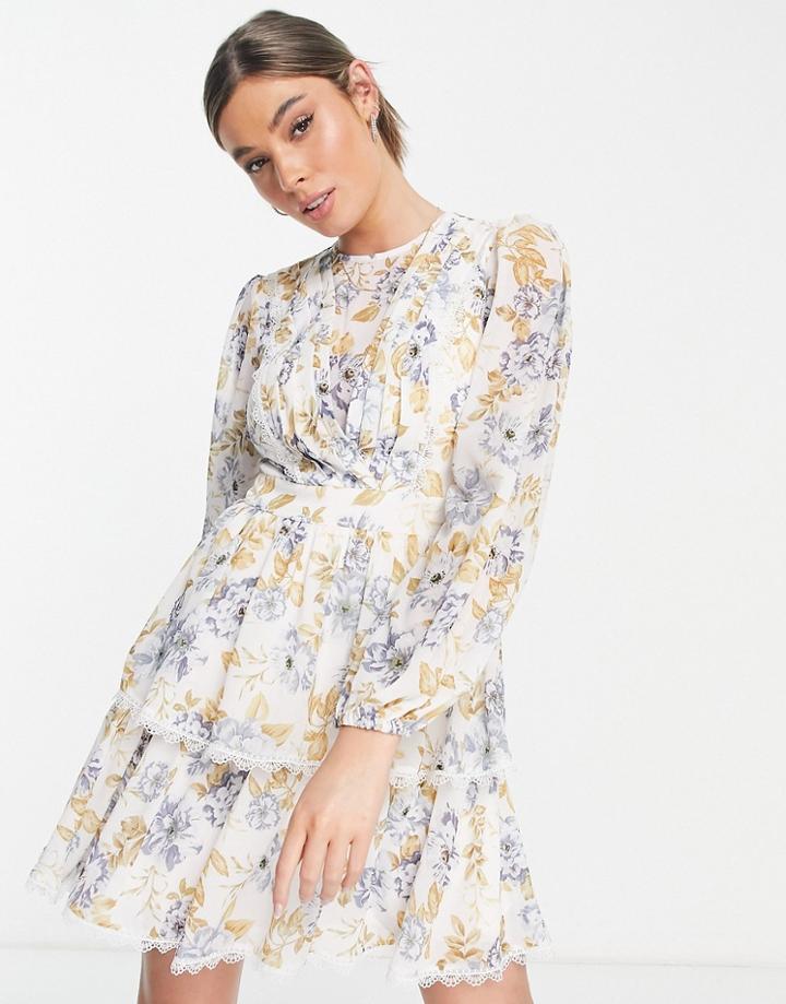 Ever New Lace Trim Spliced Mini Dress In Blue Floral