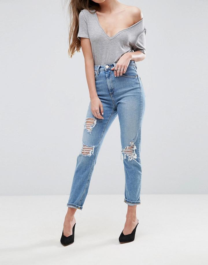 Asos Farleigh High Waist Slim Mom Jeans In Miracle Light Wash With Rips - Blue