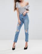 Asos Farleigh High Waist Slim Mom Jeans In Miracle Light Wash With Rips - Blue
