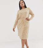 Flounce London Plus Wrap Front Midi Dress With Statement Shoulder In Gold Metallic