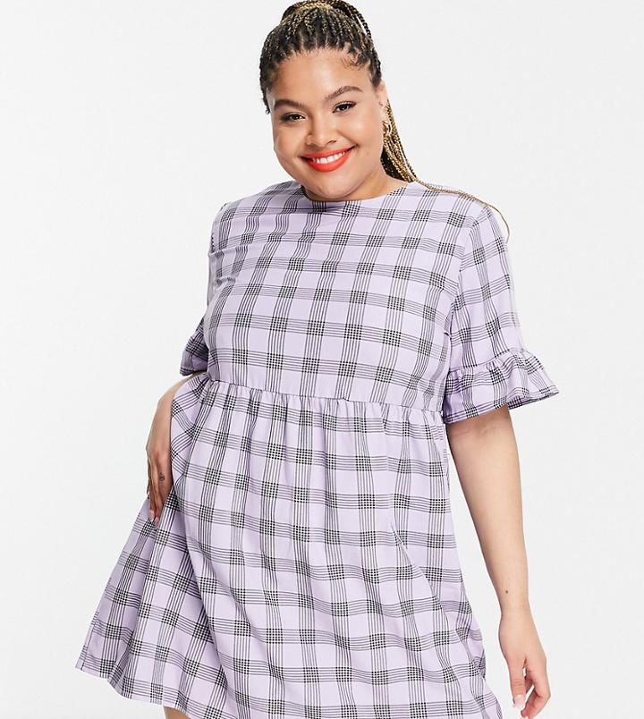 Lola May Plus Mini Smock Dress In Lilac Check-purple