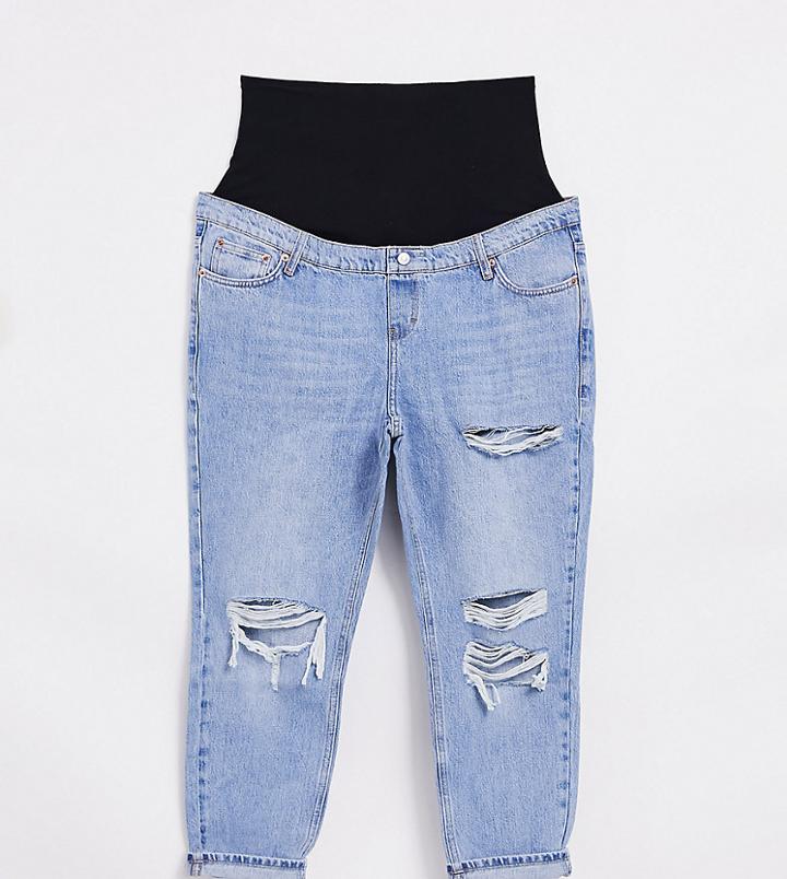 Topshop Maternity Over Bump Bleached Ripped Mom Jeans-blues