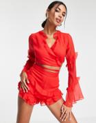 Asos Design Ruffle Detail Top With Tie Front In Red - Part Of A Set