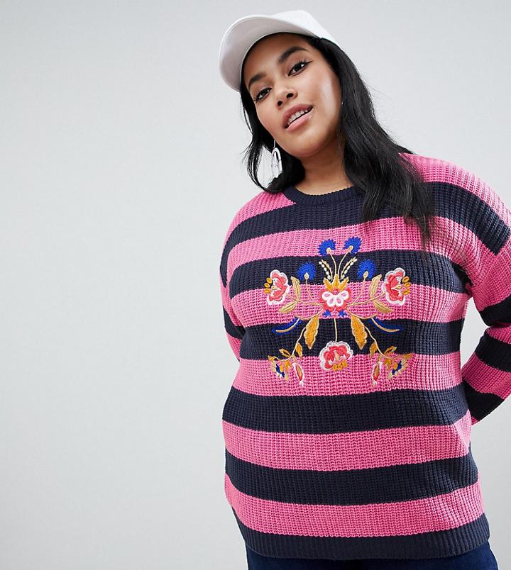 Brave Soul Plus Bouquet Stripe Sweater With Embroidery - Pink