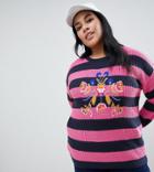 Brave Soul Plus Bouquet Stripe Sweater With Embroidery - Pink