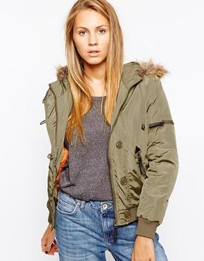 Parisian Crop Nylon Jacket With Faux Fur Hood - Khaki