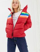 Brave Soul Antonia Padded Jacket With Rainbow Stripe Insert - Red