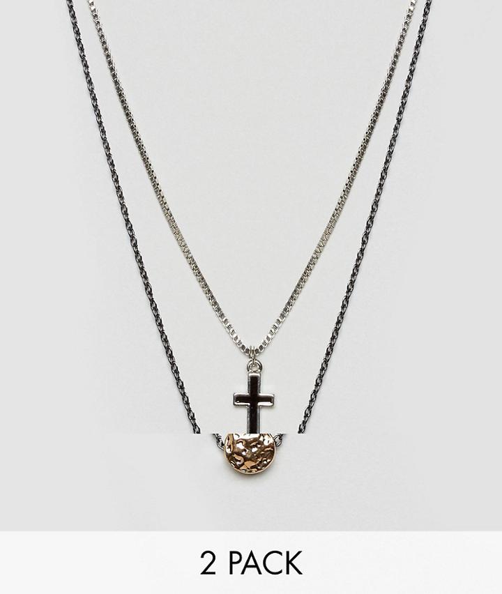 Icon Brand Cross & Pendant Necklaces In 2 Pack - Silver